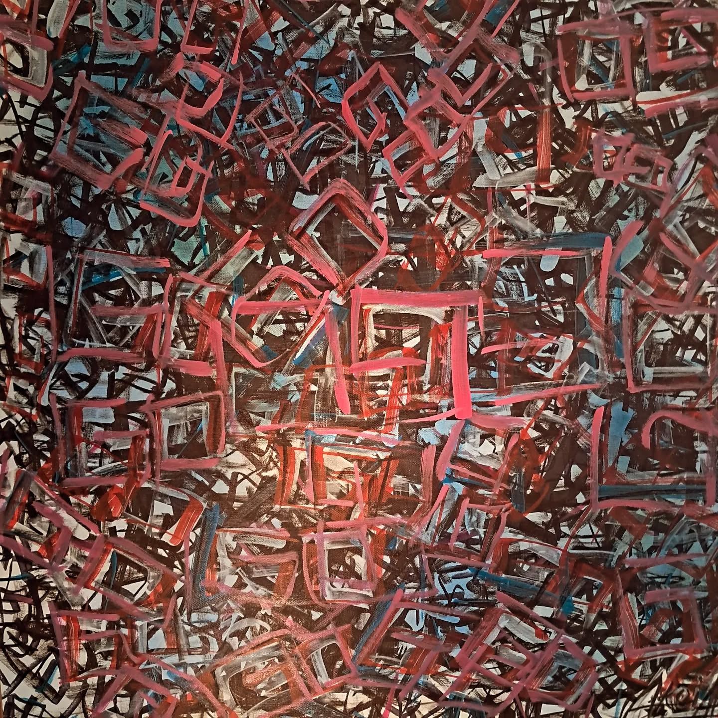 Acryl auf Leinwand: dichtes Geflecht aus rosa, roten und schwarzen gemalten Quadraten über hellblauen und weißen Strichen