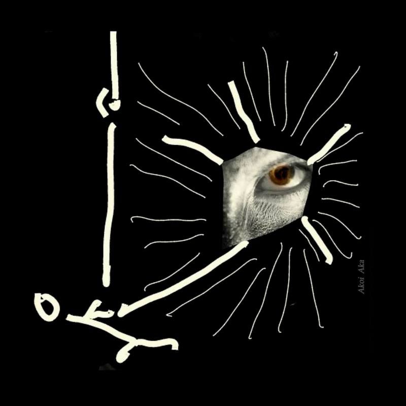 Digitale Zeichnung: weiße Striche strahlen auf Schwarz um ein Fotofragment eines grauen Gesichts mit braunem Auge