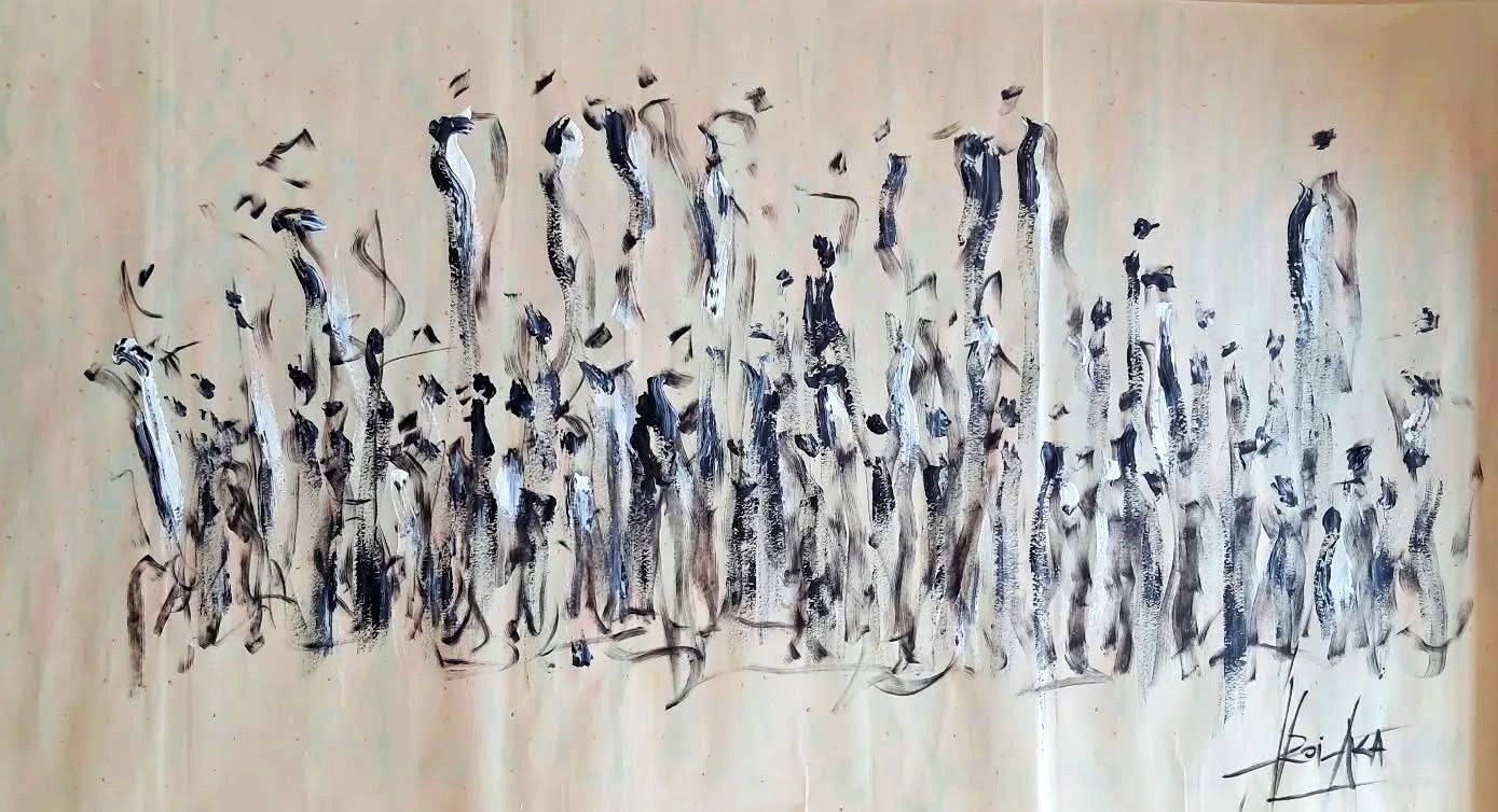 Schwarze und weiße Tusche auf beigem Xuan-Papier: dichtes Band hoher, figurenartiger Pinselstriche, unten rechts signiert