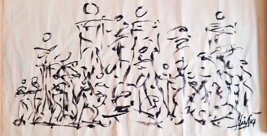 Tusche auf Xuan-Papier: eine Menge schwarzer Figuren in schnellen Pinselstrichen, Köpfe als Kreise, Signatur unten rechts