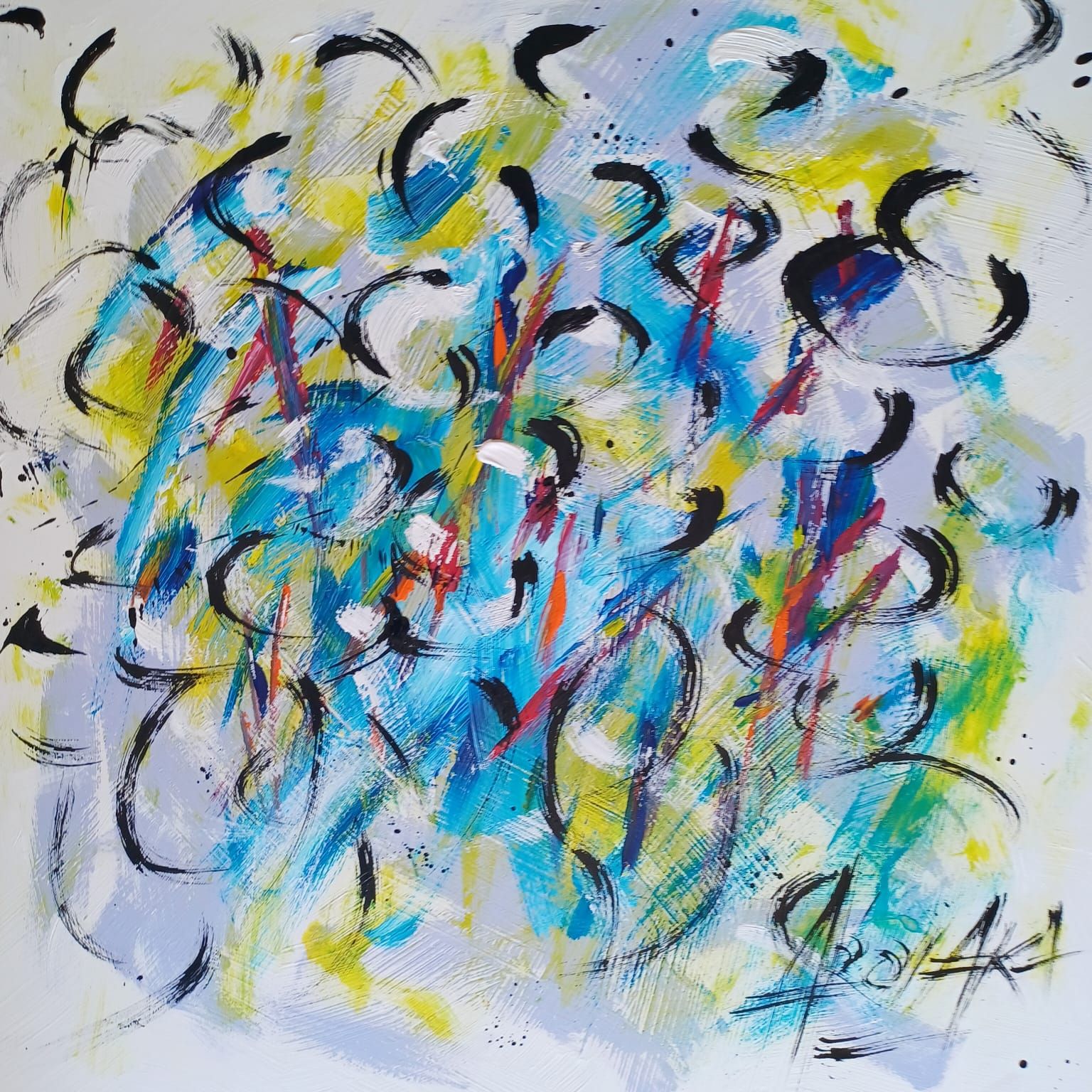 Acryl und Tusche auf Leinwand: schwarze Pinselbögen über blauen, gelben und grauen Flecken, unten rechts signiert