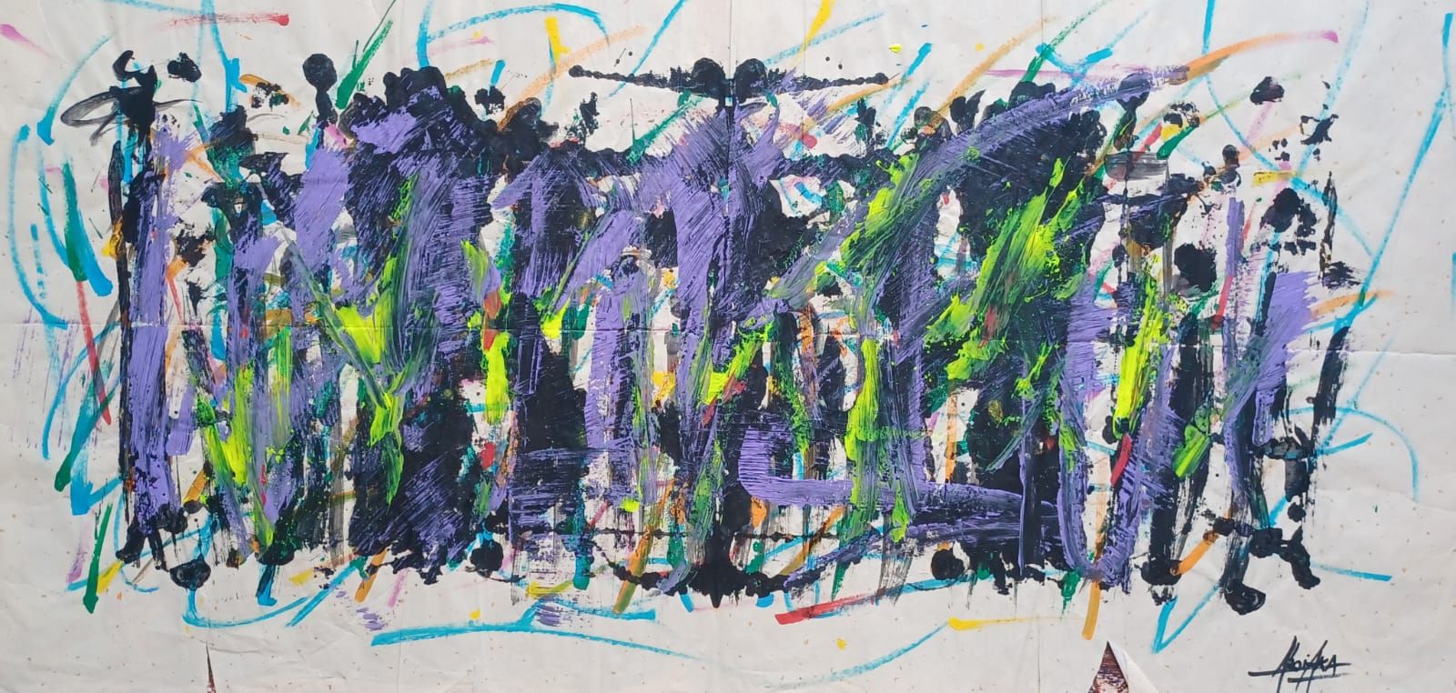 Acryl und Tusche auf Xuan-Papier: Band aus senkrechten violetten und schwarzen Strichen, neongelbe Akzente, türkise Linien