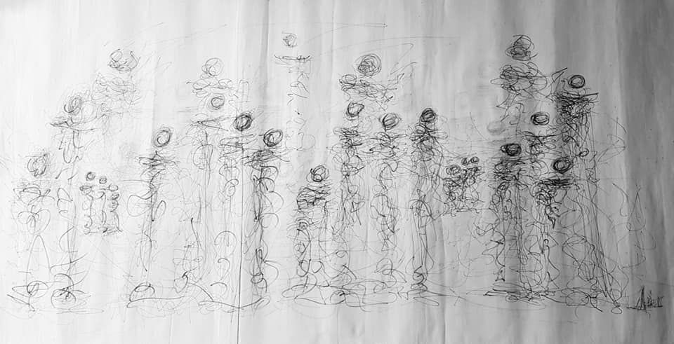 Bleistift und Tinte auf Papier: eine Reihe hoher, gekritzelter Figuren mit runden Köpfen in schwarzen Schleifenlinien