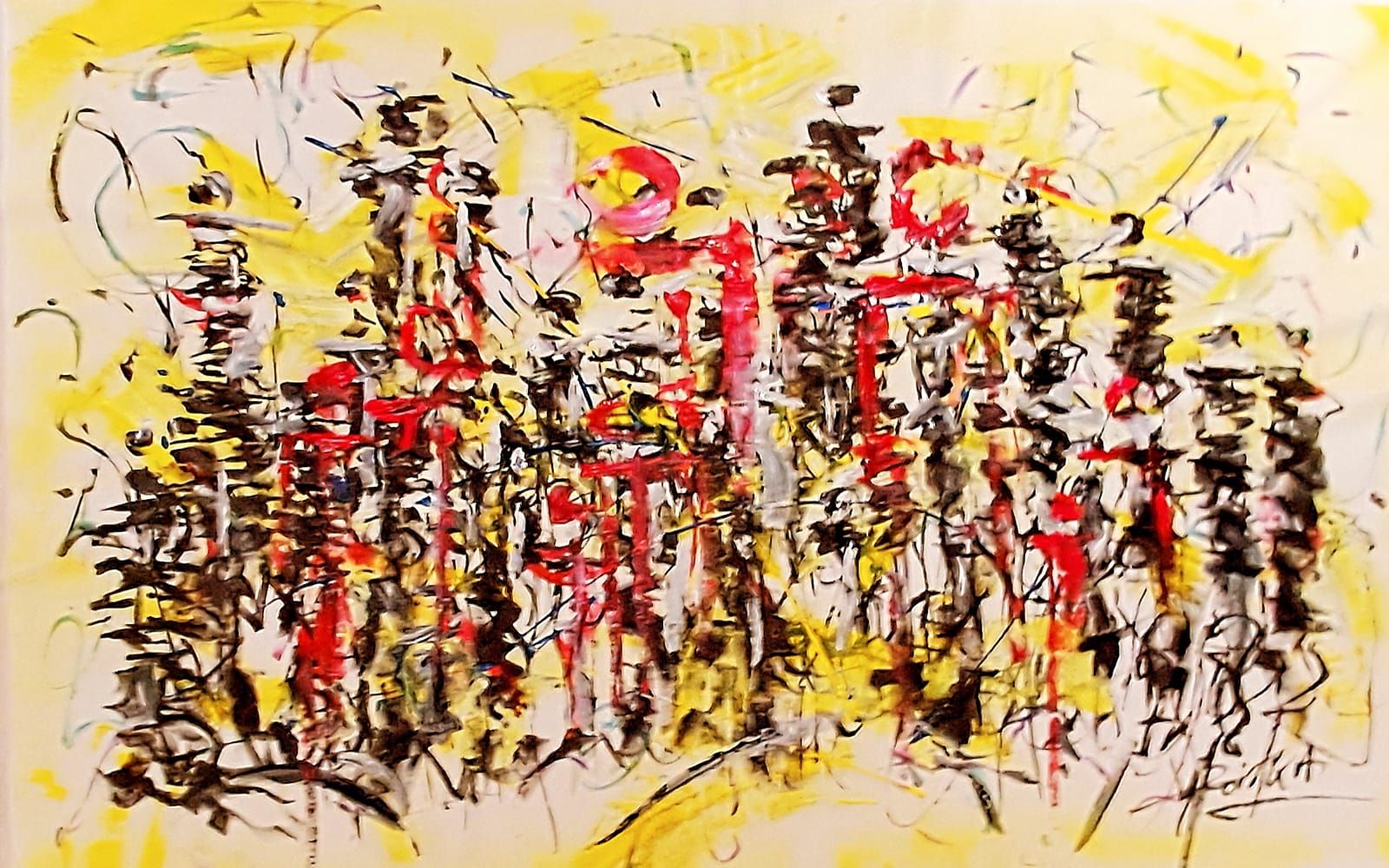 Acryl auf Leinwand: eine dichte Reihe aufrechter, gestischer schwarzer und roter Figuren auf cremefarbenem und gelbem Grund