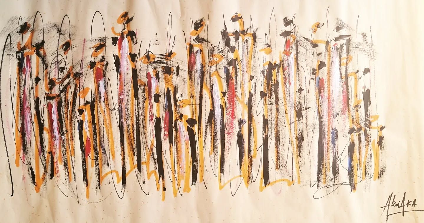 Tusche auf Xuan-Papier: eine lange Reihe hoher schwarzer, ockerfarbener und roter Figuren mit Schlaufenlinien, unten rechts signiert