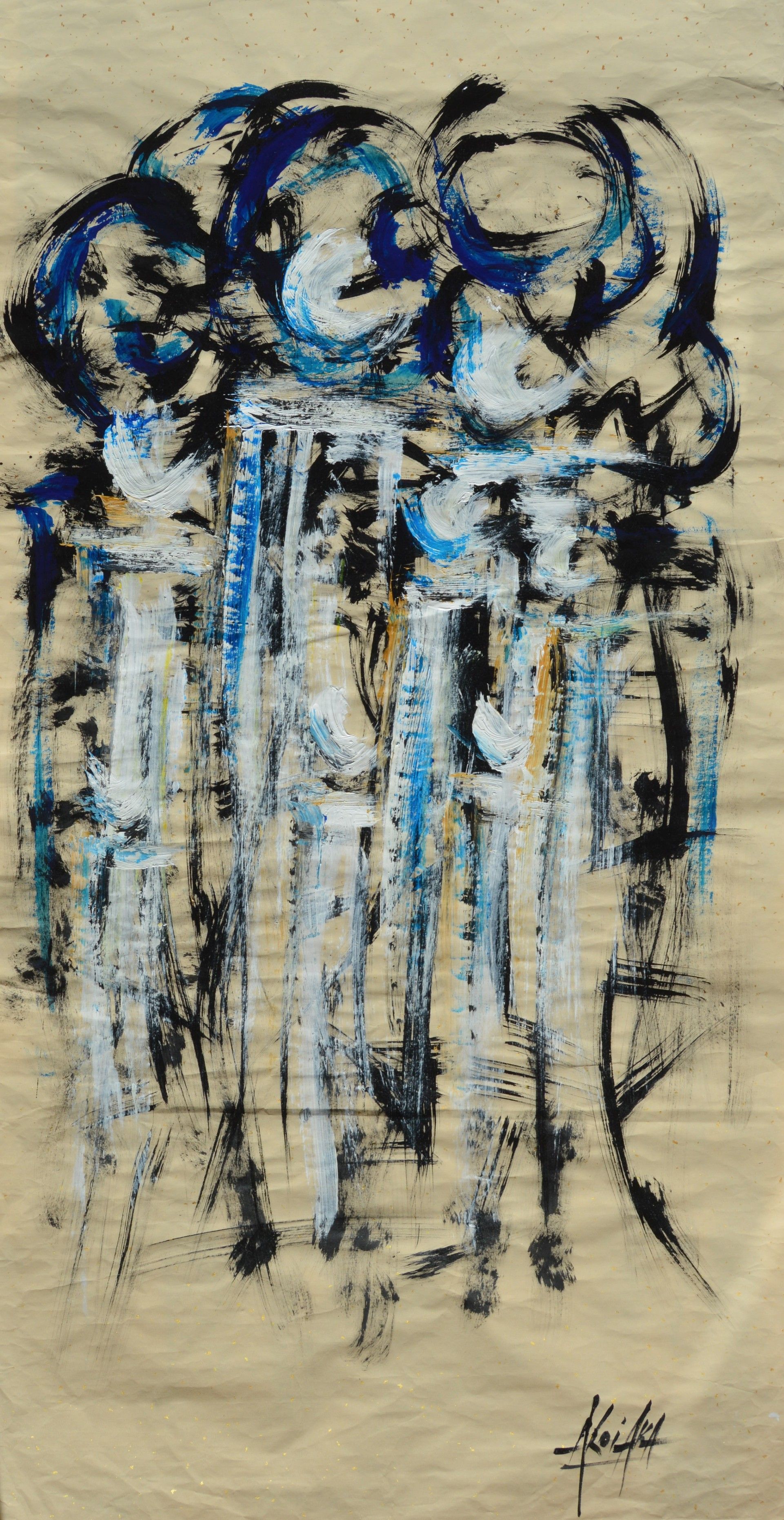 Acryltinte auf Xuan-Papier: hohe schwarze, weiße und blaue senkrechte Striche unter wirbelnden blauen und schwarzen Kreisen