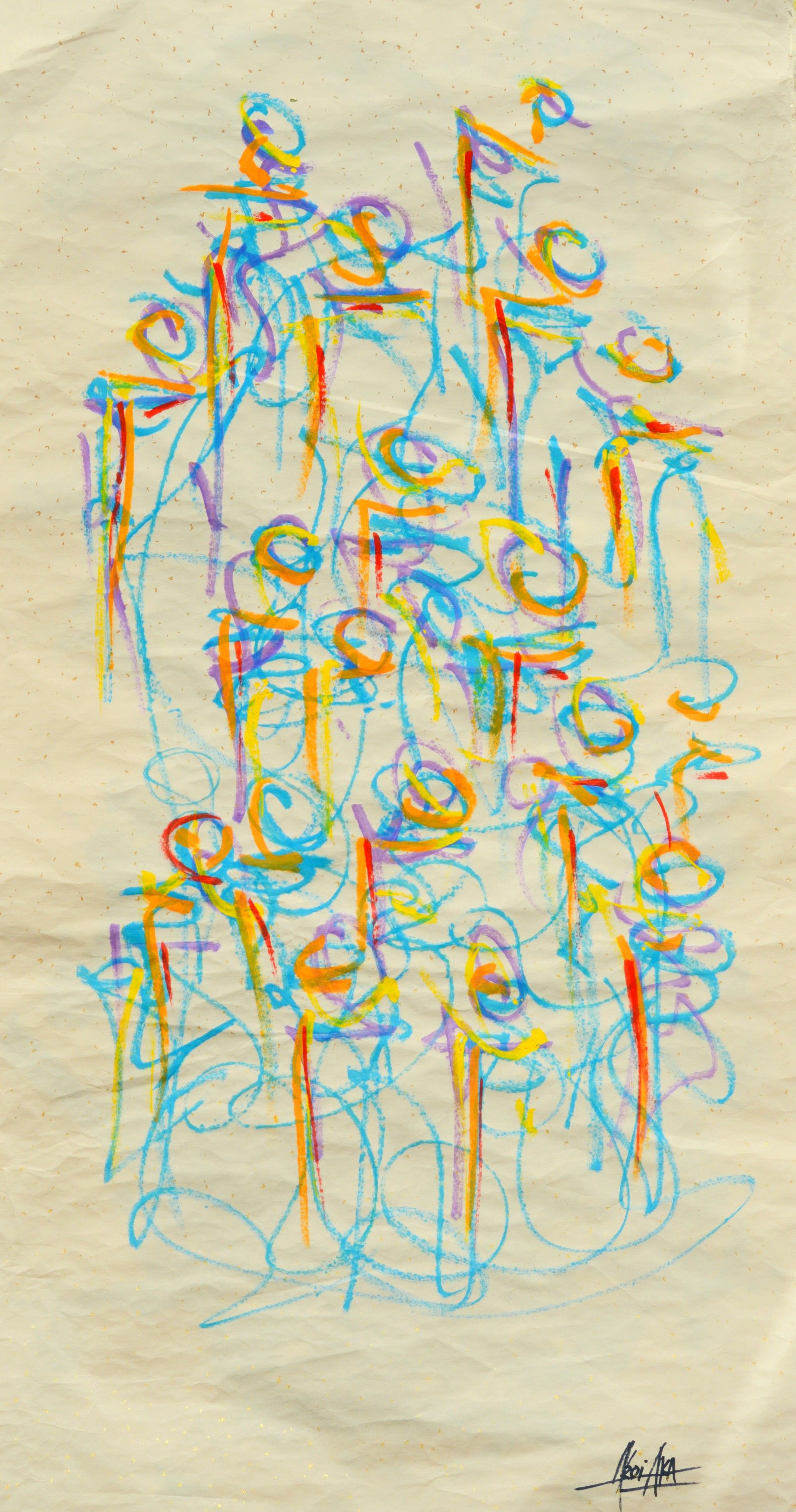 Acryltinte auf Xuan-Papier: eine Menge geschwungener Figuren in Blau, Orange, Gelb, Violett und Rot auf cremefarbenem Grund