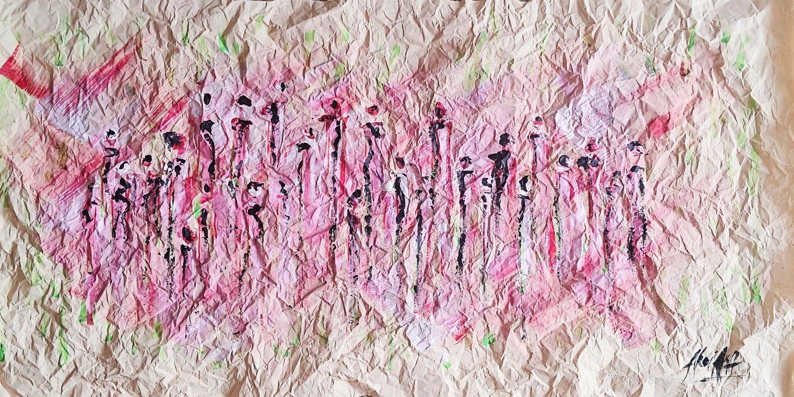 Acryltinte auf zerknittertem Papier: eine Reihe schlanker schwarzer Figuren in einem Band aus rosa und roten Lasuren