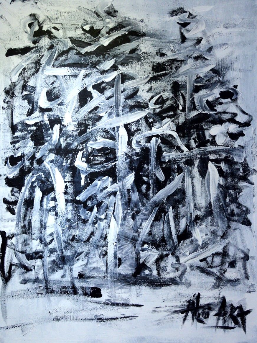 Acryl auf Leinwand: dichtes Geflecht schwarzer und weißer Pinselstriche, unten rechts signiert