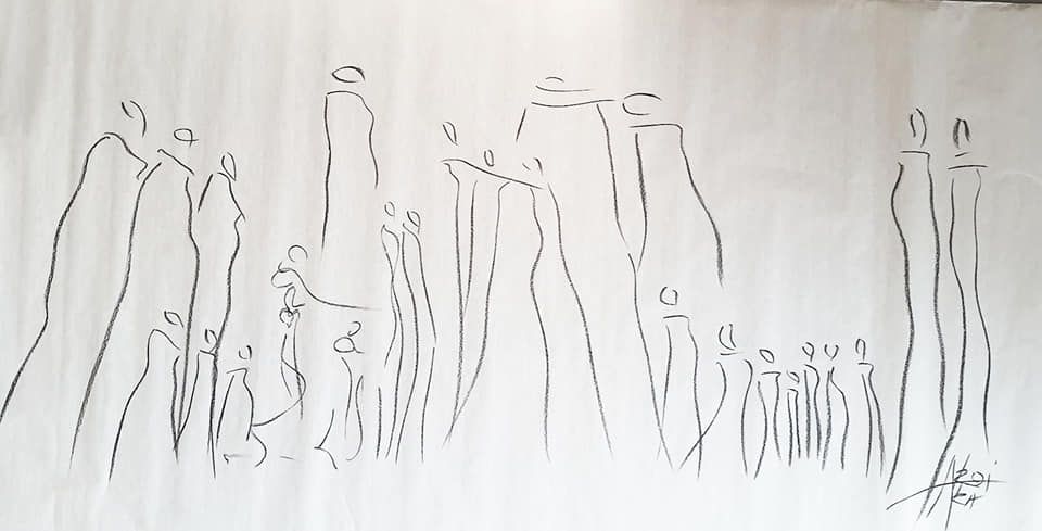 Bleistift und Tinten auf Papier: große und kleine schlanke schwarze Gestalten stehen auf weißem Grund