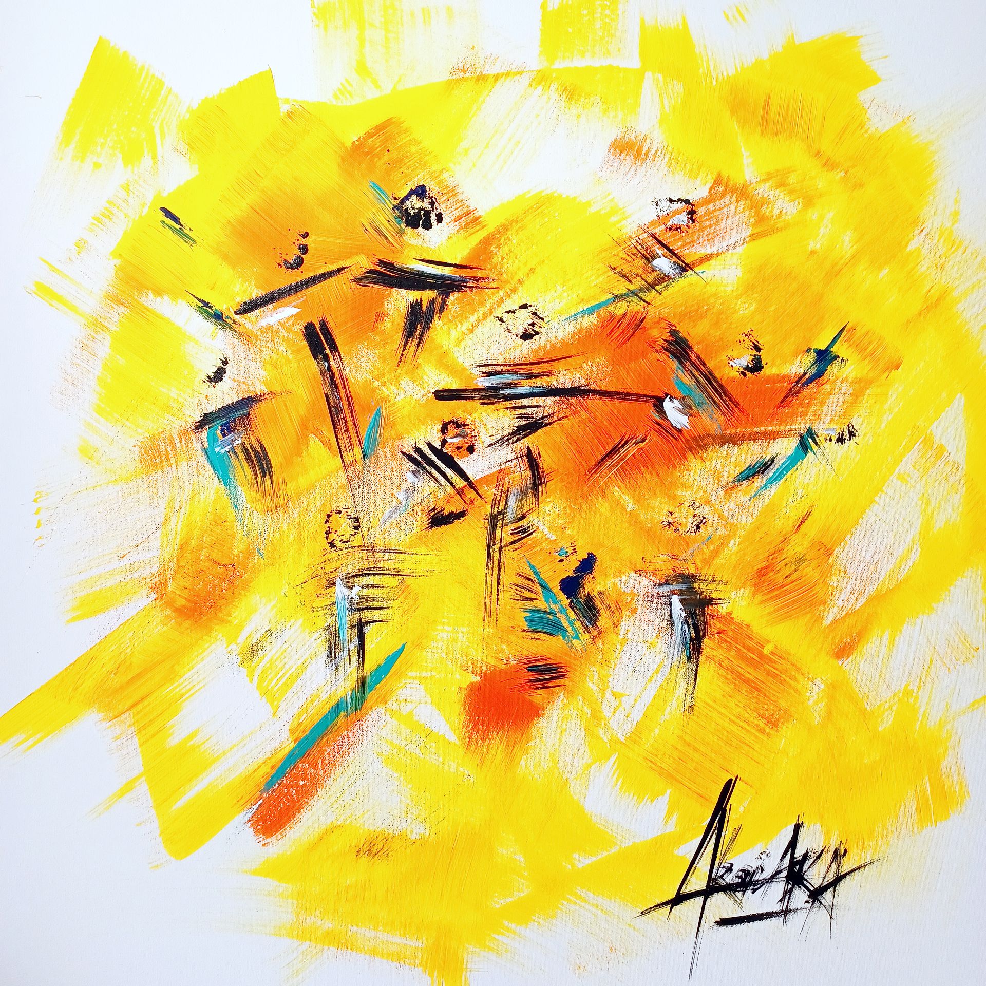 Acryl auf Leinwand: breite gelbe und orange Pinselstriche mit verstreuten schwarzen und türkisen Spuren, unten rechts signiert