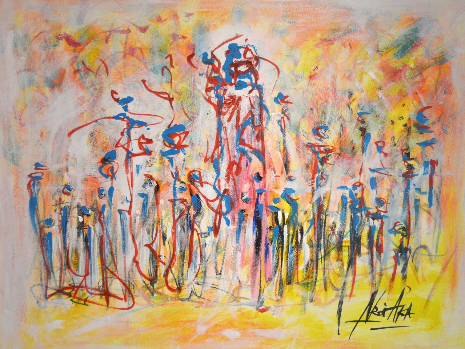 Acryl auf Leinwand: eine hohe zentrale Figur zwischen schlanken roten und blauen Silhouetten auf gelb-orangem Grund