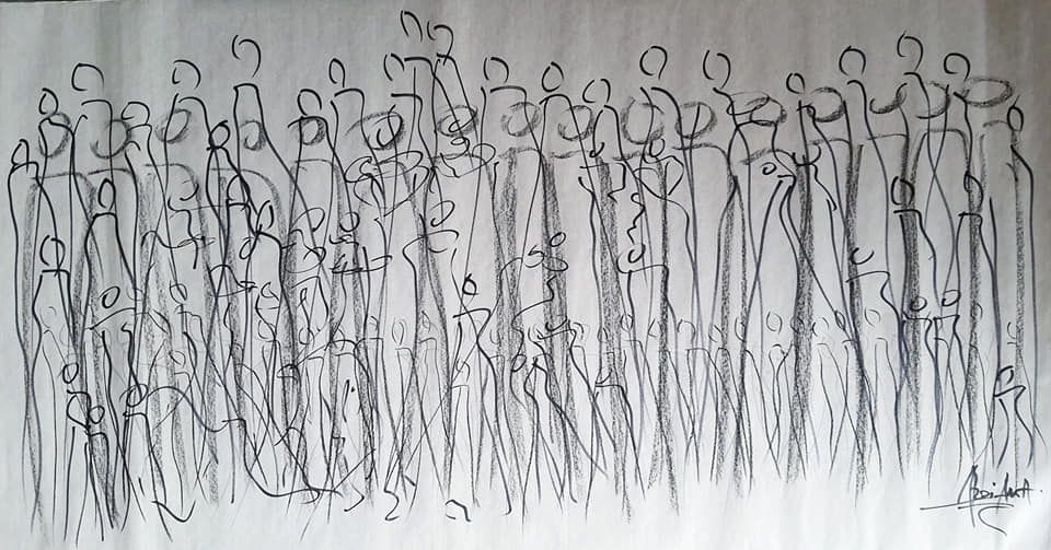 Bleistift und Tinten auf Papier: eine dichte Menge hoher, langgestreckter Gestalten in schwarzen Linien mit grauer Schattierung