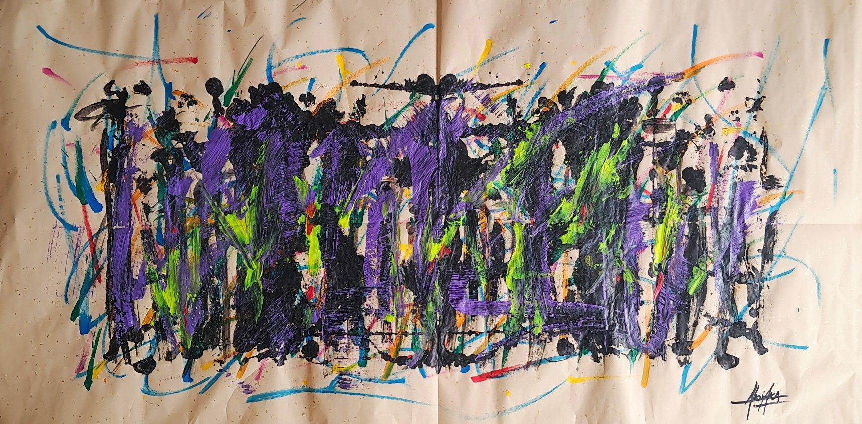 Tusche auf Xuan-Papier: Band aus schwarzen und violetten Senkrechtstrichen mit Grün, umgeben von blauen, orangen, roten Linien