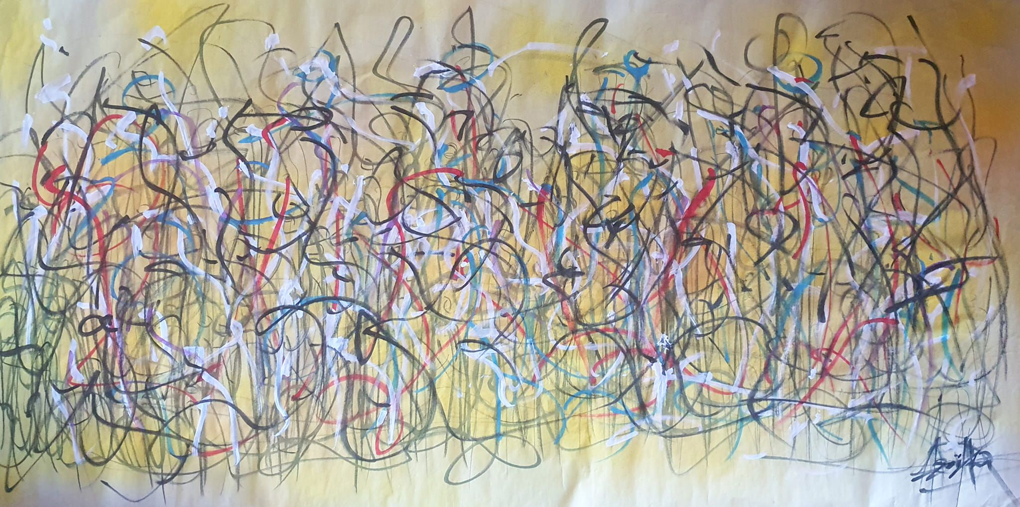Tinte auf Xuan-Papier: ein dichtes Geflecht schwarzer, weißer, roter und blauer Schleifenlinien auf gelbem Grund