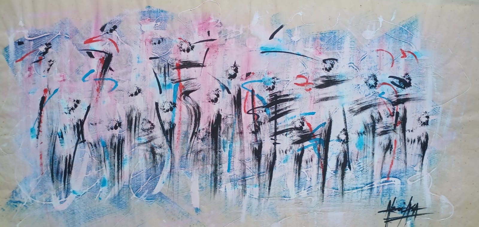 Acryl und Tusche auf Xuan-Papier: Reihe senkrechter schwarzer Striche wie Figuren auf rosa, blauem und weißem Grund