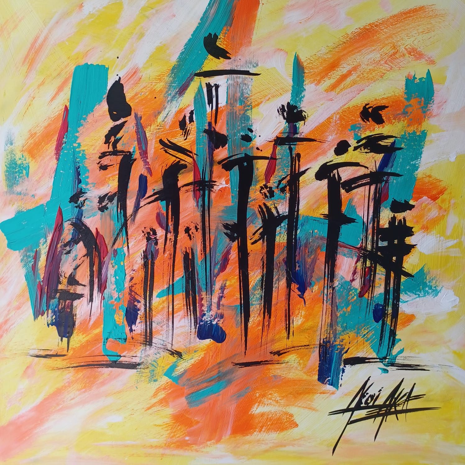 Acryl auf Leinwand: eine Reihe hoher schwarzer Figuren vor schwungvollen gelben, orangen und türkisen Pinselstrichen
