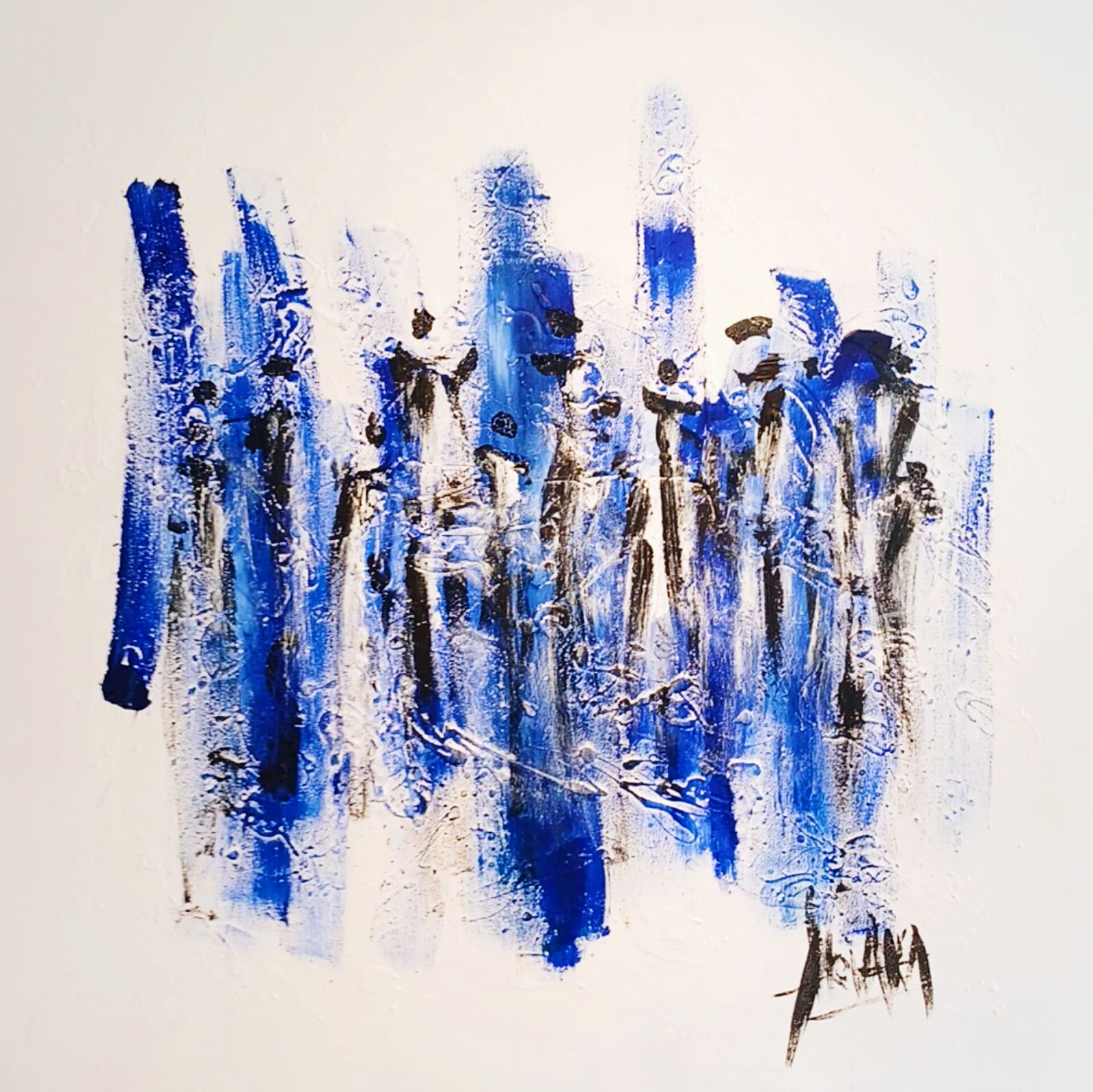 Acryl und Tusche auf Leinwand: eine Reihe aufrechter blauer und schwarzer Figuren auf weißem Grund, unten rechts signiert