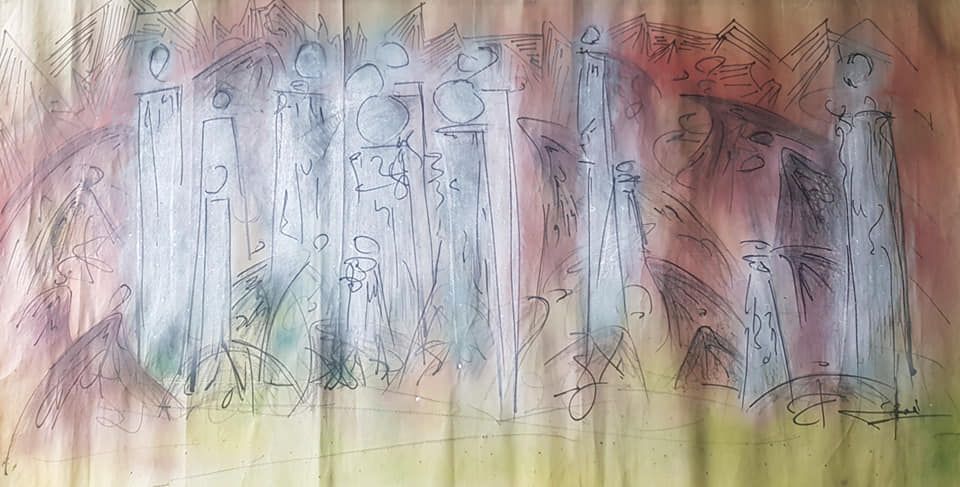 Bleistift und Tinten auf Papier: hohe, blasse säulenartige Figuren mit runden Köpfen vor rosa, roten und gelben Lasuren